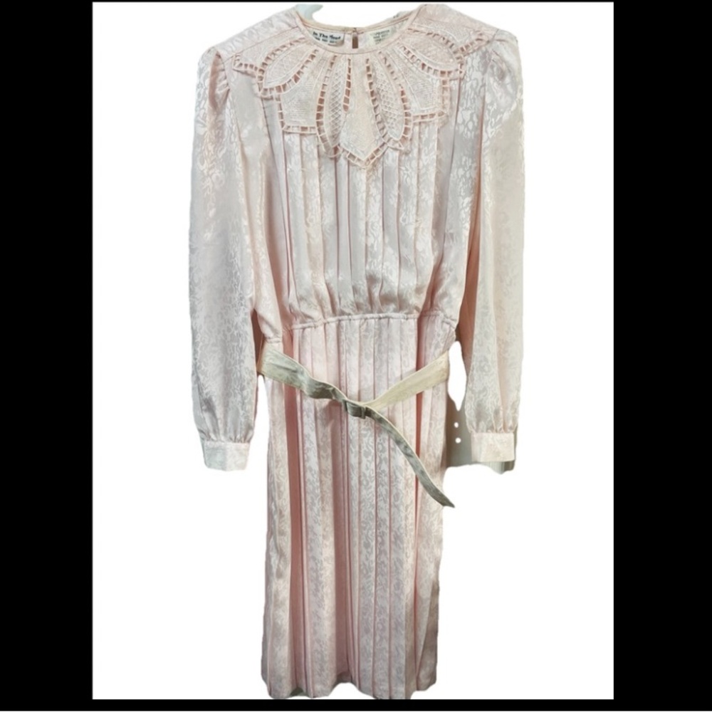 Vintage In The Mood Elegant Pleated Pink Lace Dress with Belt 12 cottagecore